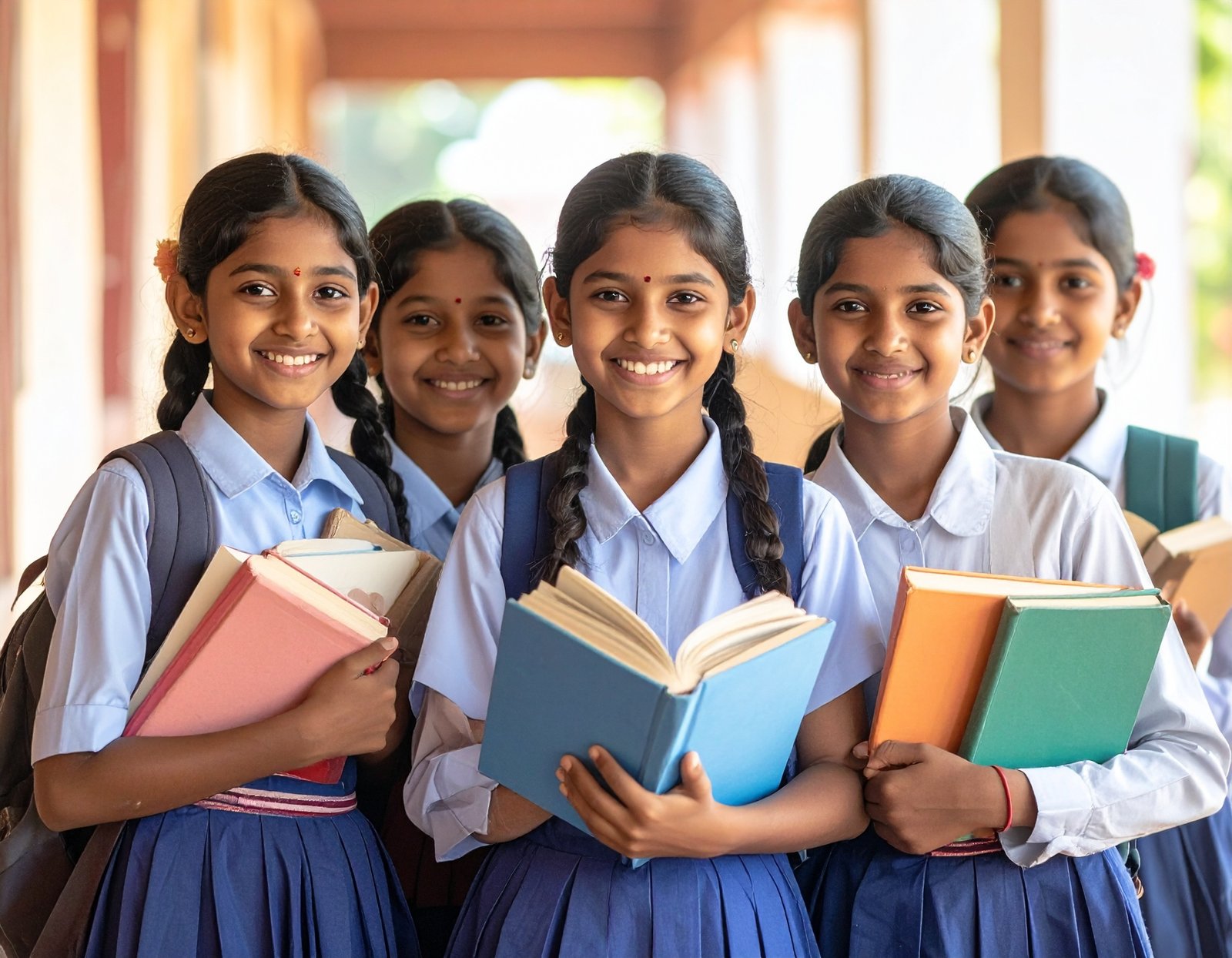 Firefly_-A group of 4–8 Indian schoolgirls studying and reading together, smiling and confide 292956
